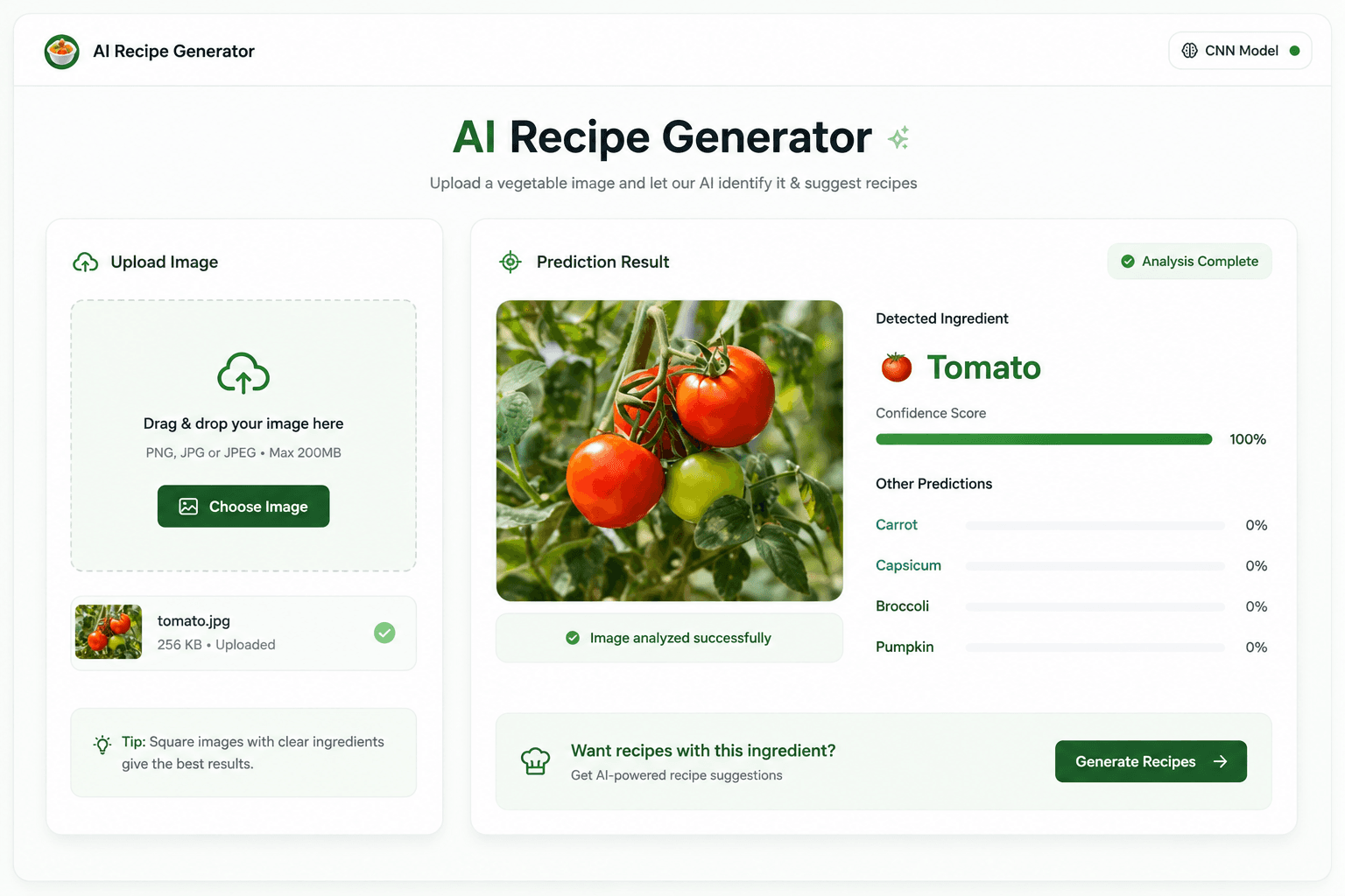 Food Recipe Generator Using CNN project screenshot
